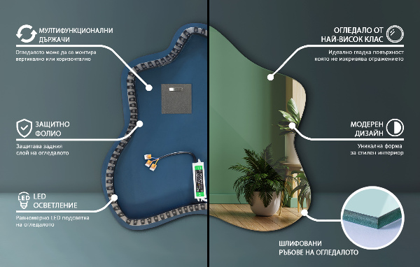 Oglinda asimetrica în formă de pată cu led 48x48 cm