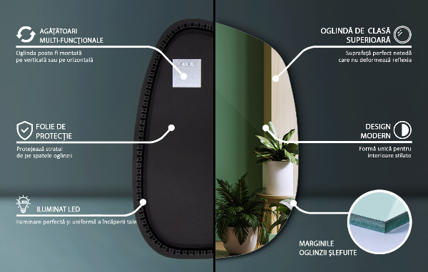 Oglinda asimetrica cu led în formă de pată 91x66 cm