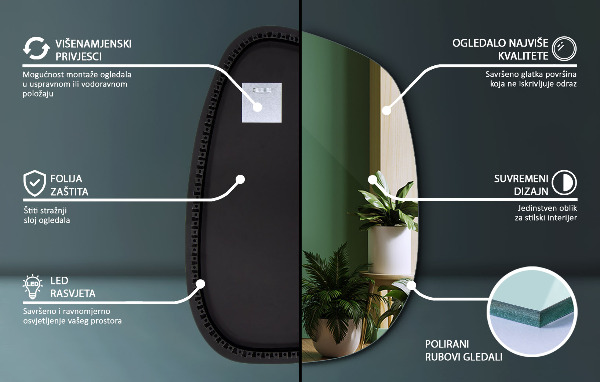 Oglinda asimetrica cu led în formă de pată 91x66 cm