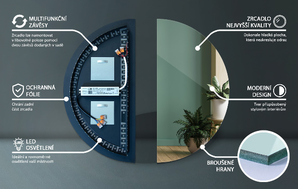 Oglinda semicerc decorativa cu led 25x50 cm