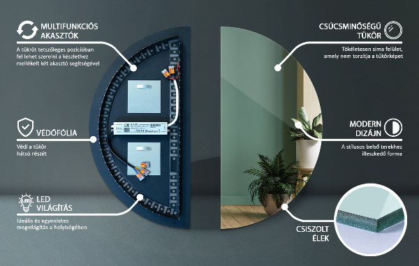 Oglinda semirotunda iluminare 35x70 cm