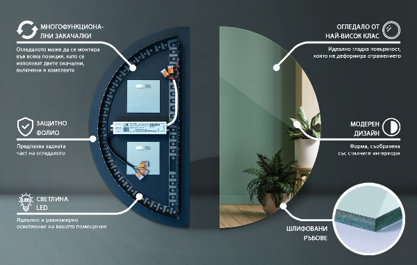 Oglinda în formă de semicerc cu led 40x80 cm