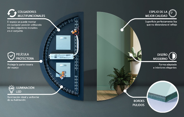 Oglinda în formă de semicerc cu led 40x80 cm