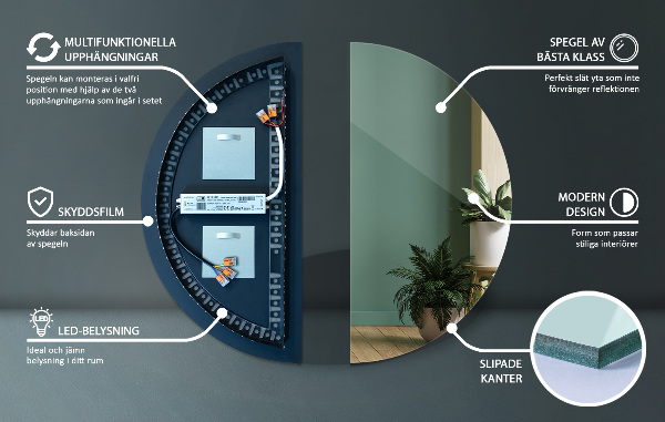 Oglinda în formă de semicerc cu led 40x80 cm