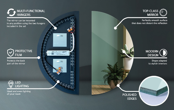 Oglinda semirotunda iluminare led 45x90 cm