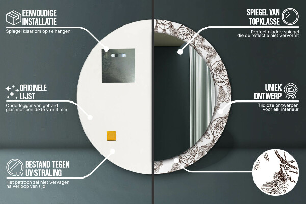 Oglinda rotunda rama cu imprimeu Pene de vis