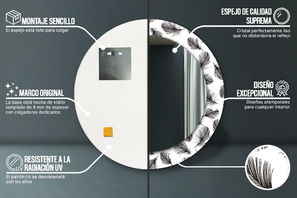 Oglinda rotunda rama cu imprimeu Pene