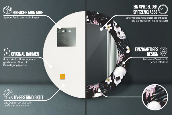 Oglinda rotunda rama cu imprimeu Flori de craniu