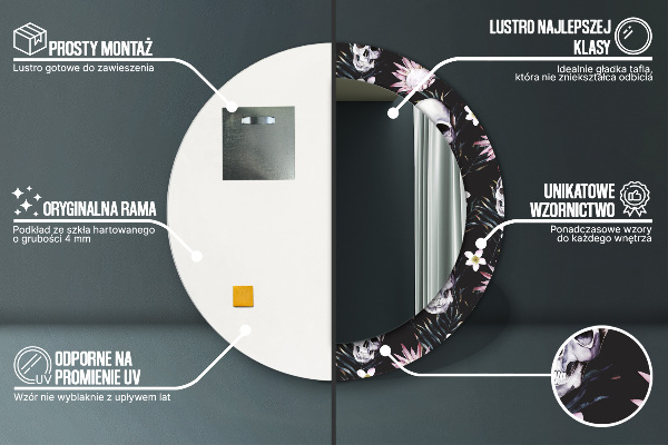 Oglinda rotunda rama cu imprimeu Flori de craniu