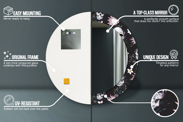 Oglinda rotunda rama cu imprimeu Flori de craniu