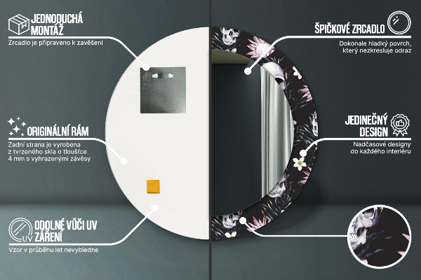 Oglinda rotunda rama cu imprimeu Flori de craniu