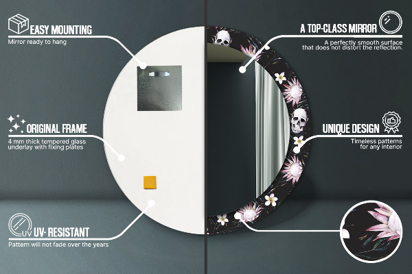 Oglinda rotunda rama cu imprimeu Flori de craniu