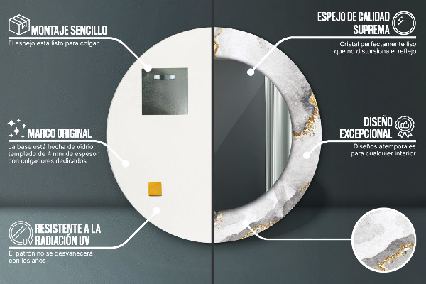 Oglinda rotunda rama cu imprimeu Aur de marmură albă