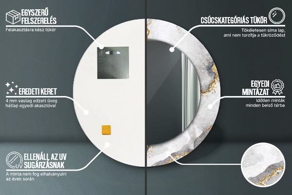 Oglinda rotunda rama cu imprimeu Aur de marmură albă