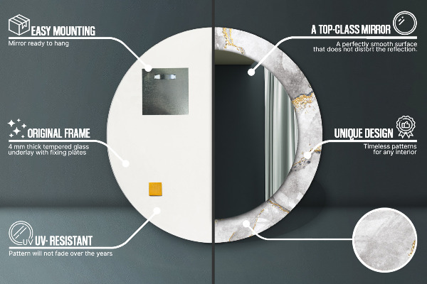 Oglinda rotunda rama cu imprimeu Aur de marmură albă