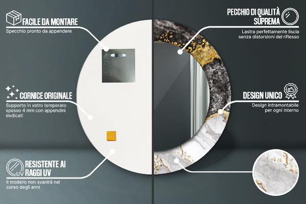 Oglinda rotunda rama cu imprimeu Marmură și aur
