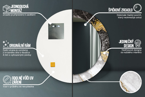 Oglinda rotunda rama cu imprimeu Marmură și aur