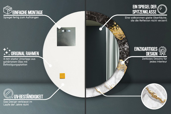 Oglinda rotunda rama cu imprimeu Marmură și aur