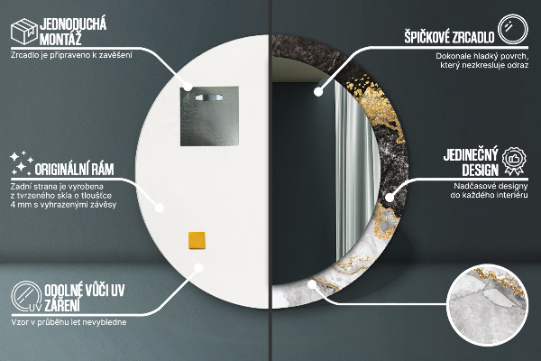 Oglinda rotunda rama cu imprimeu Marmură și aur