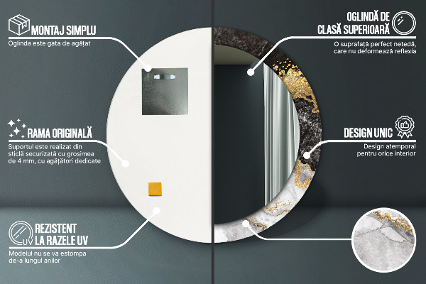 Oglinda rotunda rama cu imprimeu Marmură și aur