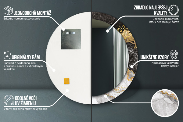 Oglinda rotunda rama cu imprimeu Marmură și aur