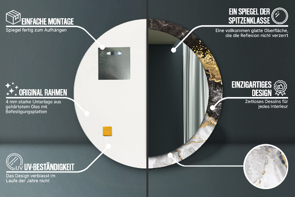 Oglinda rotunda rama cu imprimeu Marmură și aur