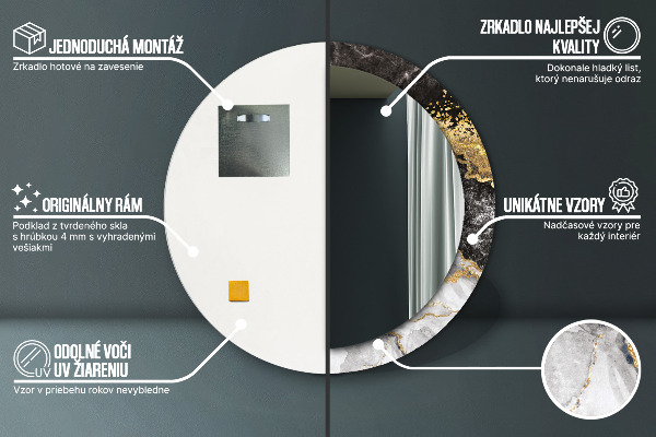 Oglinda rotunda rama cu imprimeu Marmură și aur