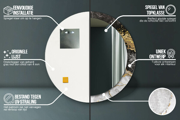 Oglinda rotunda rama cu imprimeu Marmură și aur