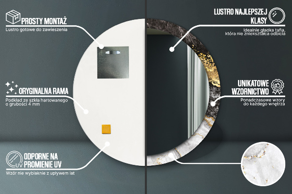 Oglinda rotunda rama cu imprimeu Marmură și aur