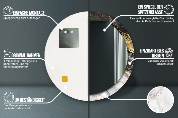 Oglinda rotunda rama cu imprimeu Marmură și aur