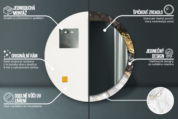 Oglinda rotunda rama cu imprimeu Marmură și aur