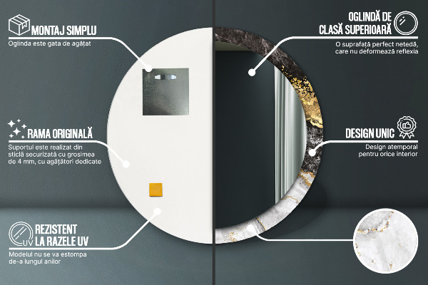 Oglinda rotunda rama cu imprimeu Marmură și aur