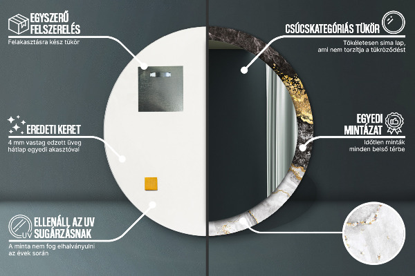 Oglinda rotunda rama cu imprimeu Marmură și aur