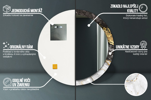 Oglinda rotunda rama cu imprimeu Marmură și aur