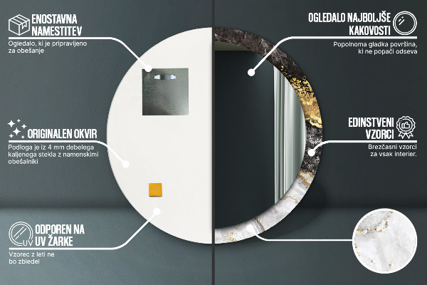 Oglinda rotunda rama cu imprimeu Marmură și aur