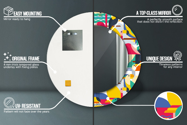 Oglinda rotunda rama cu imprimeu Păsări tropicale geometrice