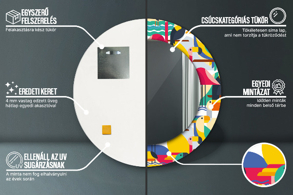 Oglinda rotunda rama cu imprimeu Păsări tropicale geometrice