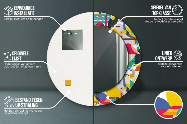 Oglinda rotunda rama cu imprimeu Păsări tropicale geometrice