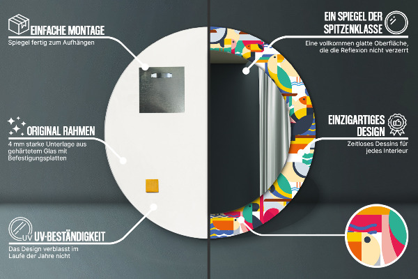 Oglinda rotunda rama cu imprimeu Păsări tropicale geometrice