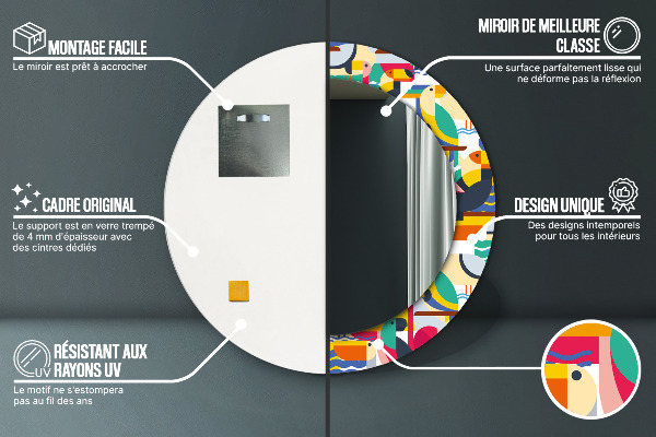 Oglinda rotunda rama cu imprimeu Păsări tropicale geometrice