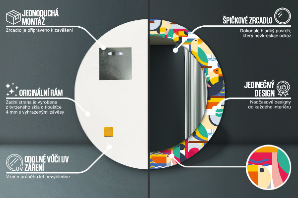 Oglinda rotunda rama cu imprimeu Păsări tropicale geometrice