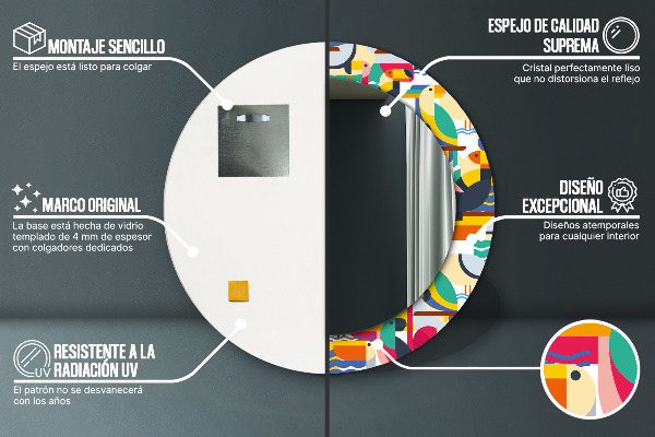 Oglinda rotunda rama cu imprimeu Păsări tropicale geometrice