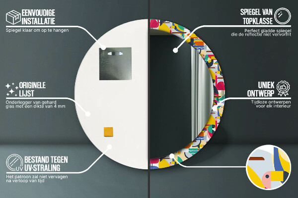 Oglinda rotunda rama cu imprimeu Păsări tropicale geometrice