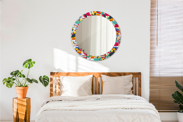 Oglinda rotunda rama cu imprimeu Păsări tropicale geometrice