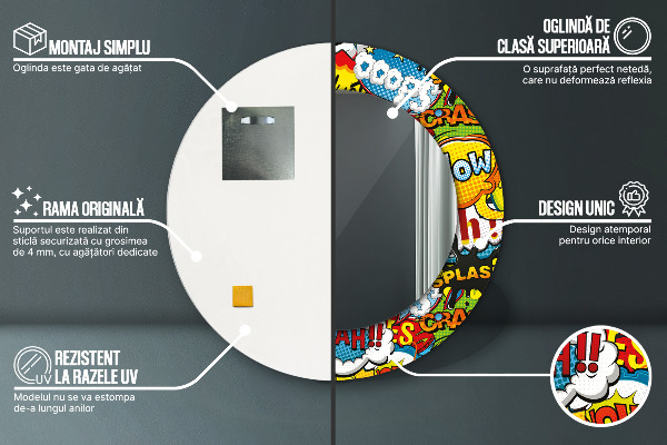 Oglinda rotunda rama cu imprimeu Model de stil comic