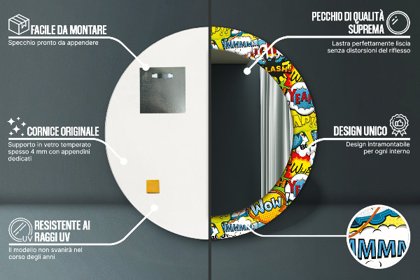 Oglinda rotunda rama cu imprimeu Model de stil comic