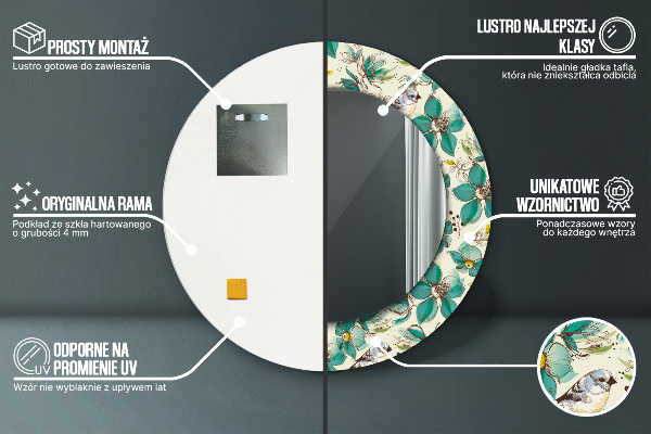 Oglinda cu decor rotunda Flori și păsări