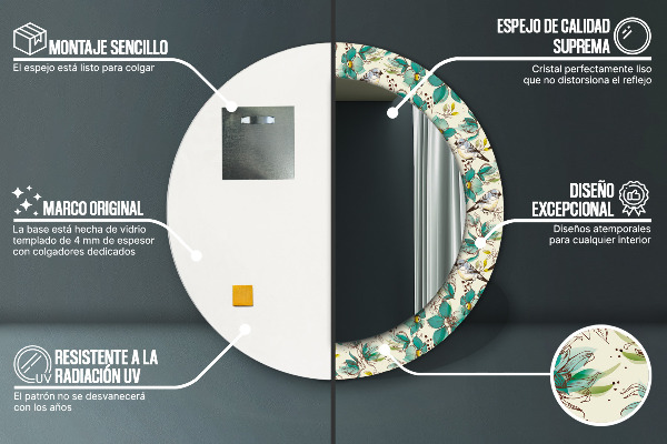 Oglinda cu decor rotunda Flori și păsări