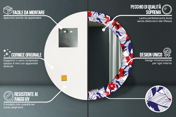 Decoratiuni perete cu oglinda Filodendron și flori roșii