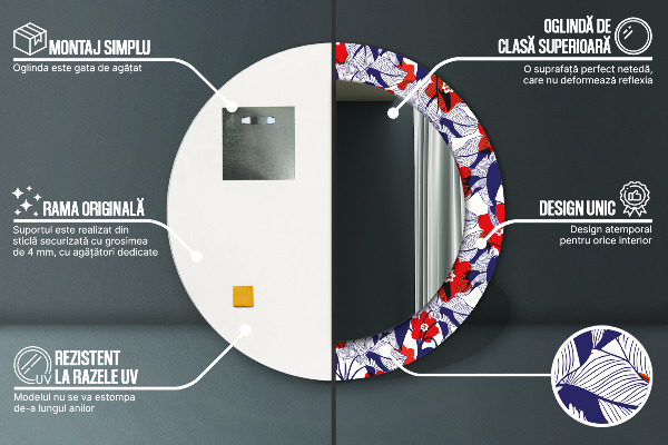 Decoratiuni perete cu oglinda Filodendron și flori roșii